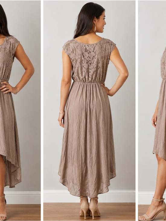 Sofia Made In Italy Dresses & Skirts - Sofia Made in Italy Taupe Lace High-Low Midi Dress Women’s Size L